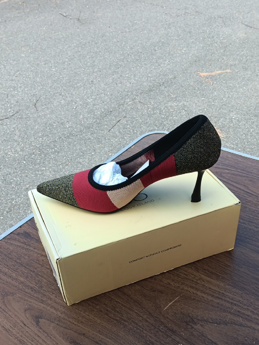Striped Pointed Kitten Heel Pump in Red, Black & Gold